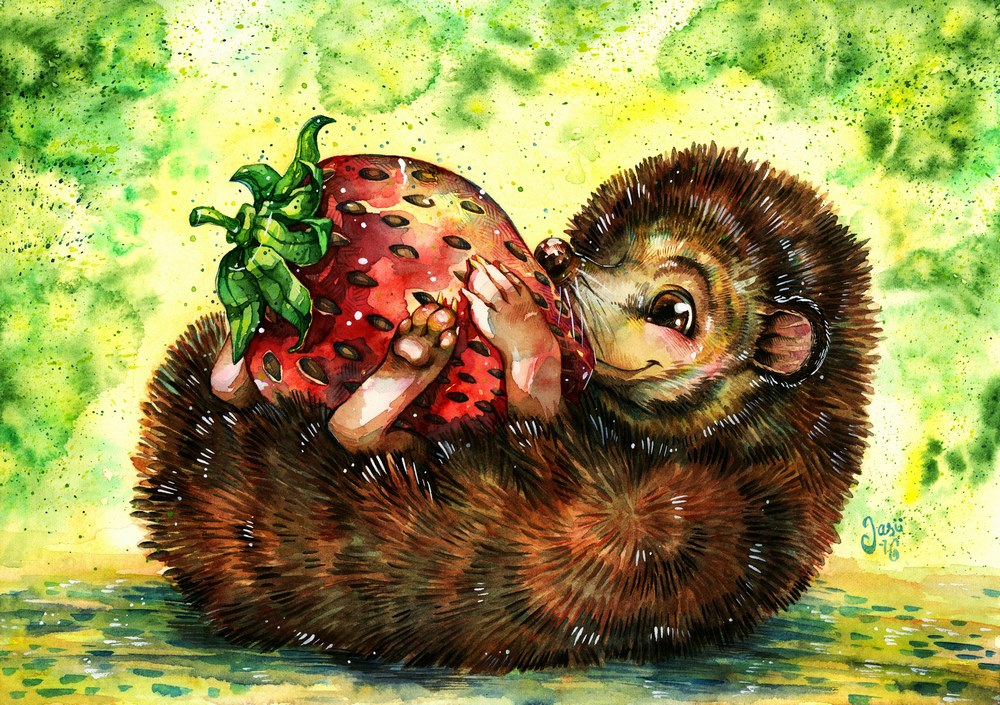 Original Painting - Hedgehog and a Giant Strawberry